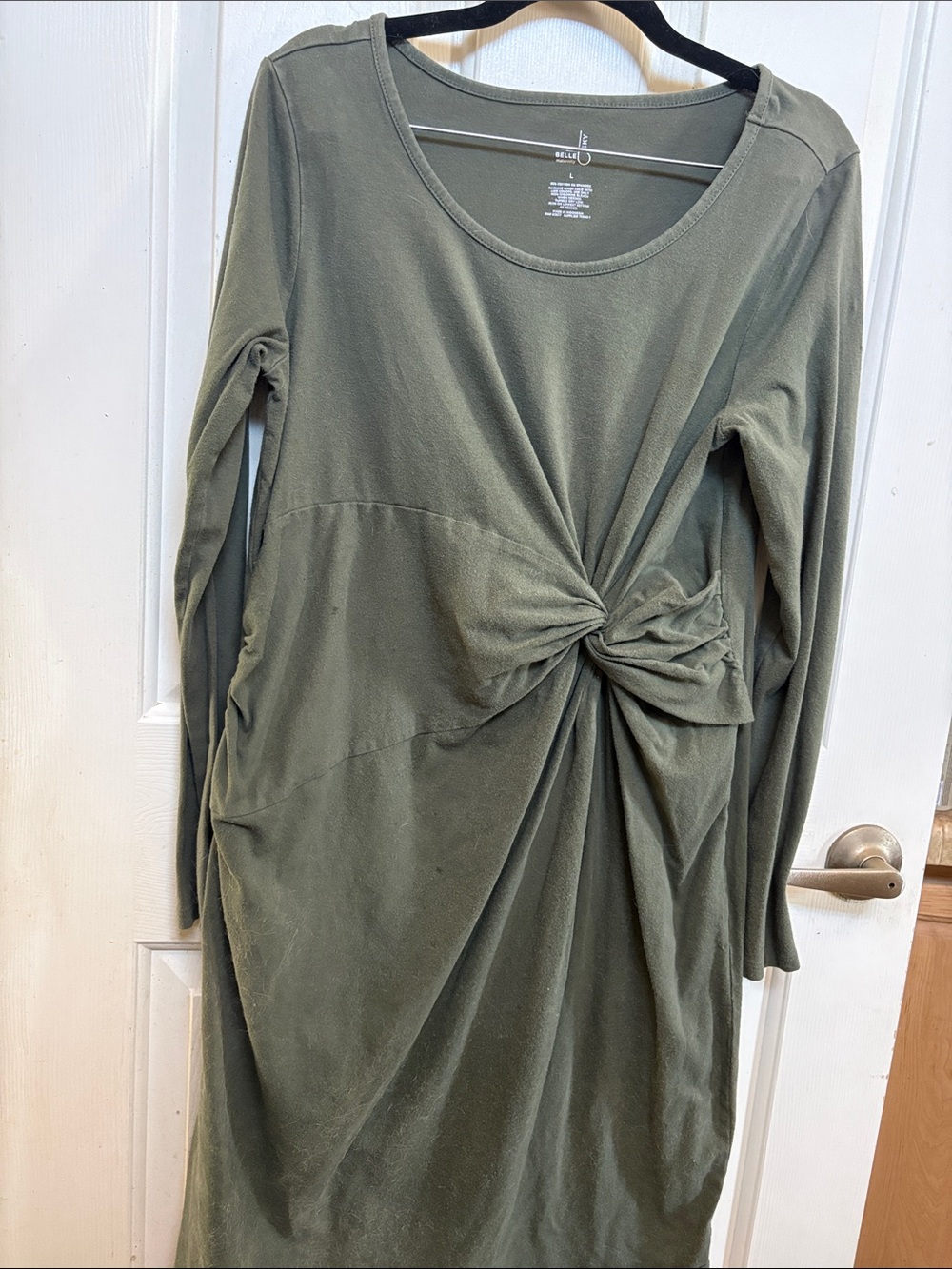 belle sky Olive Green Long Sleeve Twist-Knot Dress